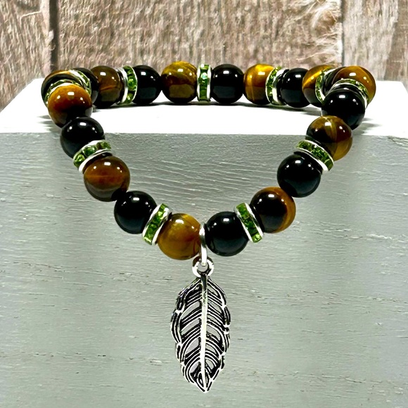 Handmade Feather Charm Bracelet with Natural Tiger Eye Stones! - Picture 7 of 8
